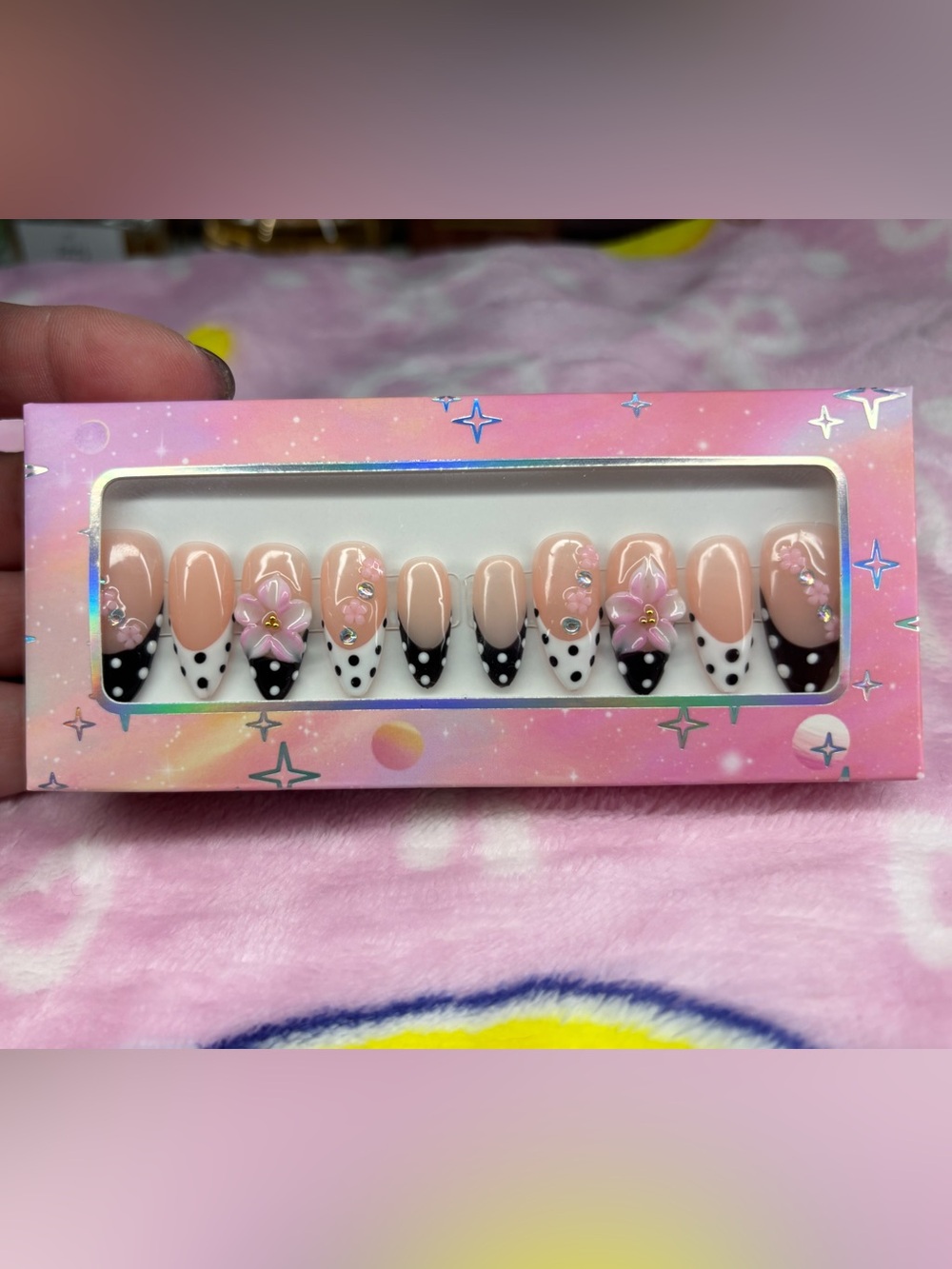 Handmade Press On Nails— Black and White Polka Dot French Tip with Pink Flowers